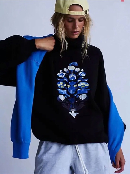 FP Movement by Free People Tops - FP Movement by Free People Black Sweatshirt with Blue Embroidered Graphic